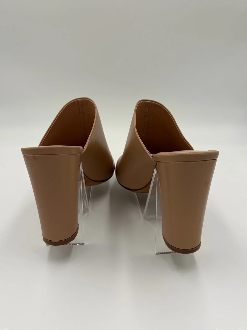 Vince Tan Leather Open-Toe Mules with Sculpted Heels Nude Preowned